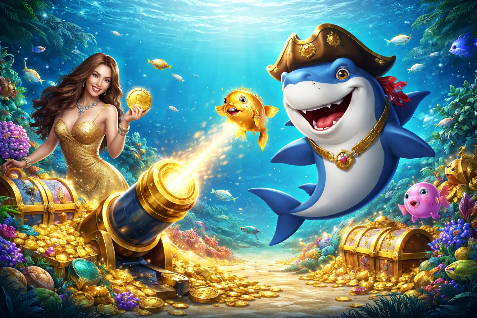 Hình ảnh đại dương rực rỡ với các loài cá đa dạng và kho báu dưới đáy biển tại ok8368